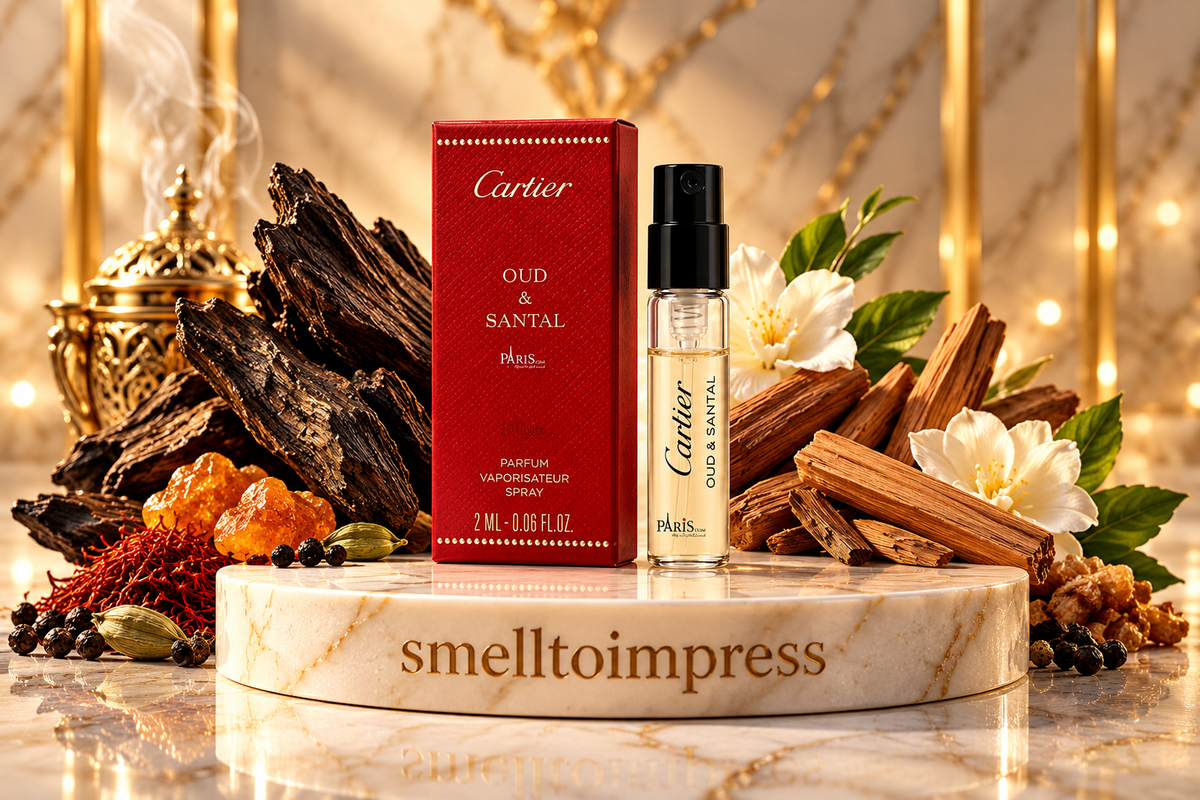 image d’un échantillon officiel de parfum Cartier Les Heures Voyageuses Oud and Santal 1,5 ml 0,05 fl. oz.