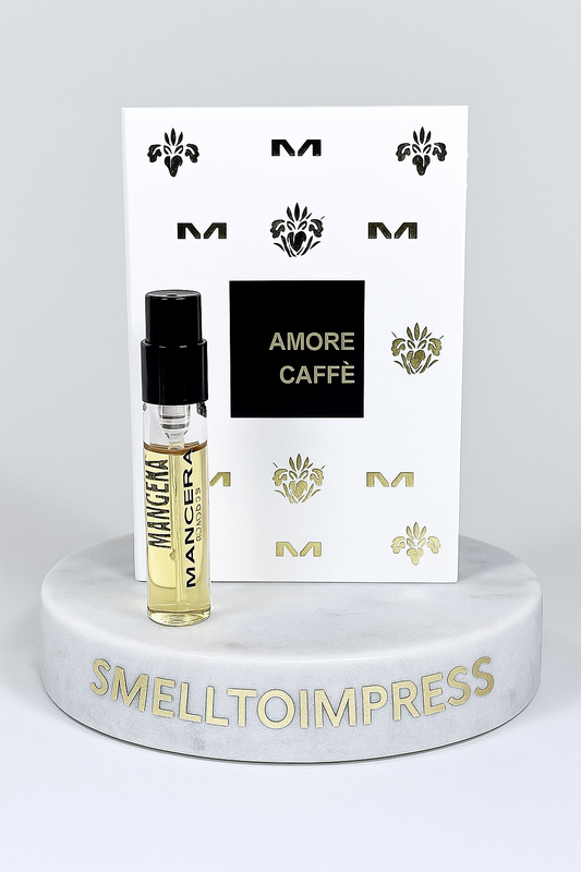 MANCERA Amore Caffe Eau de Parfum 0,06 fl. oz. 2 ml officiële parfumstaaltjes op marble sokkel van smelltoimpress