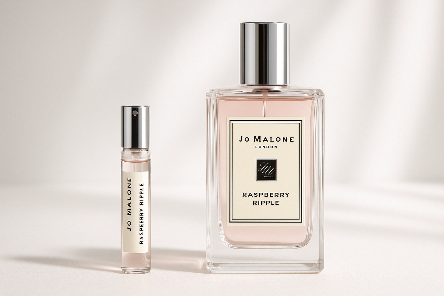 Jo Malone Raspberry Ripple 2 ml parfumstaaltje standing next to 100 ml Jo Malone Raspberry Ripple perfume bottle