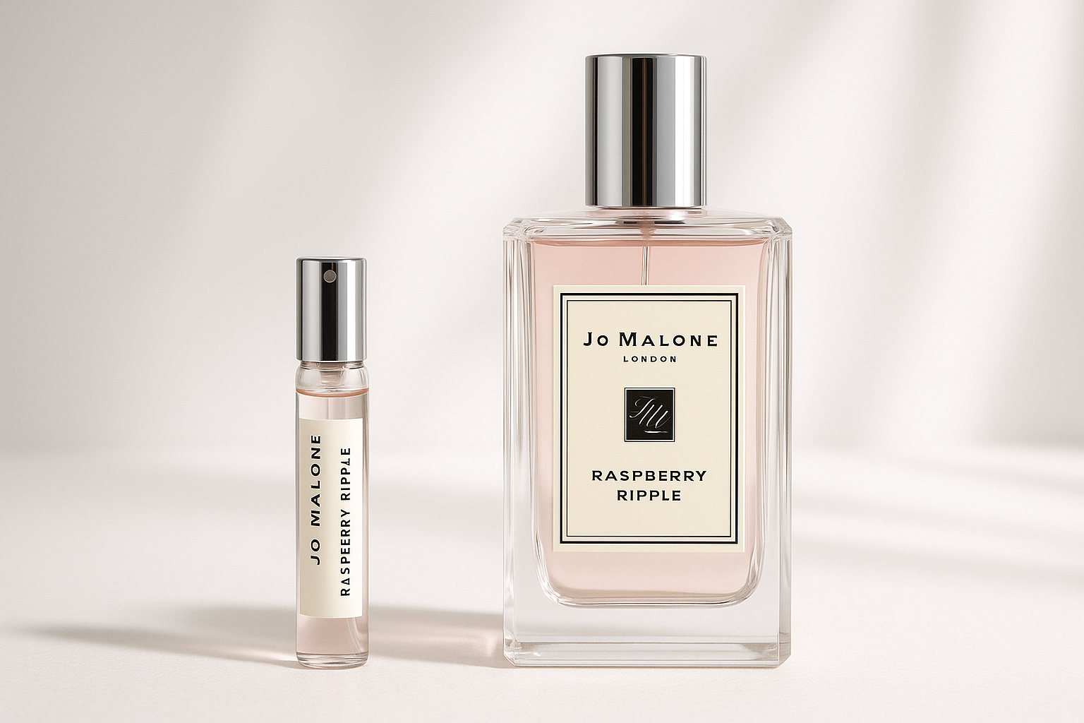 Jo Malone Raspberry Ripple 2 ml parfumstaaltje standing next to 100 ml Jo Malone Raspberry Ripple perfume bottle