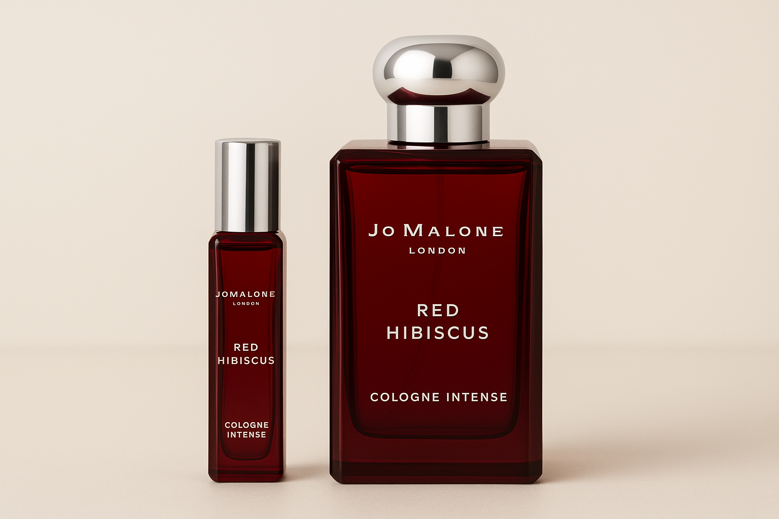 Jo Malone Red Hibiscus Cologne Intense 12 ml staaltje standing next to 100 ml perfume bottle of Jo Malone Red Hibiscus Cologne Intense which has white writing on dark red bottle