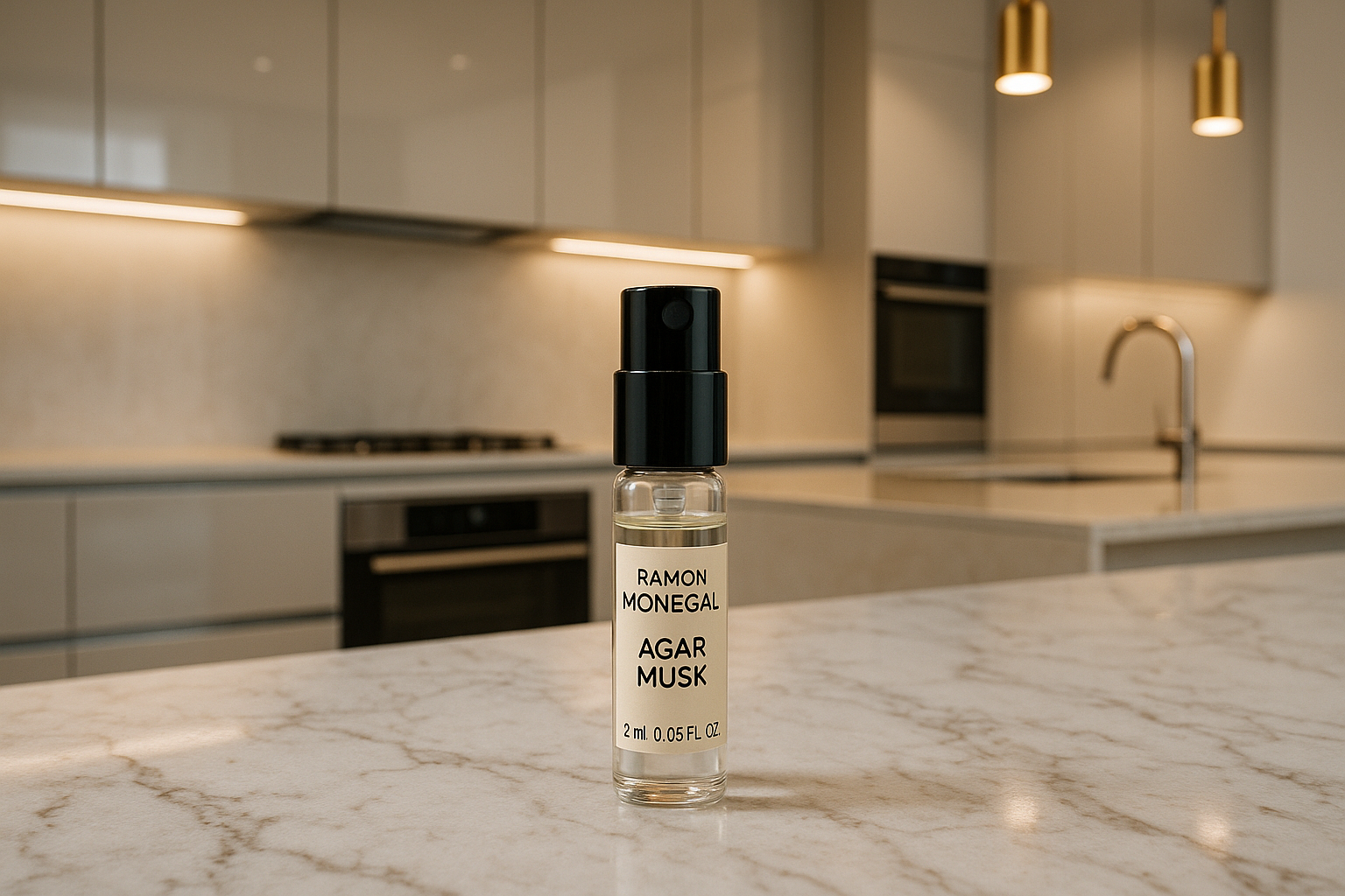 Échantillon officiel de parfum Ramon Monegal Agar Musk 2 ml 0,06 fl.oz. testeur de parfum, dans une cuisine de design italien de luxe