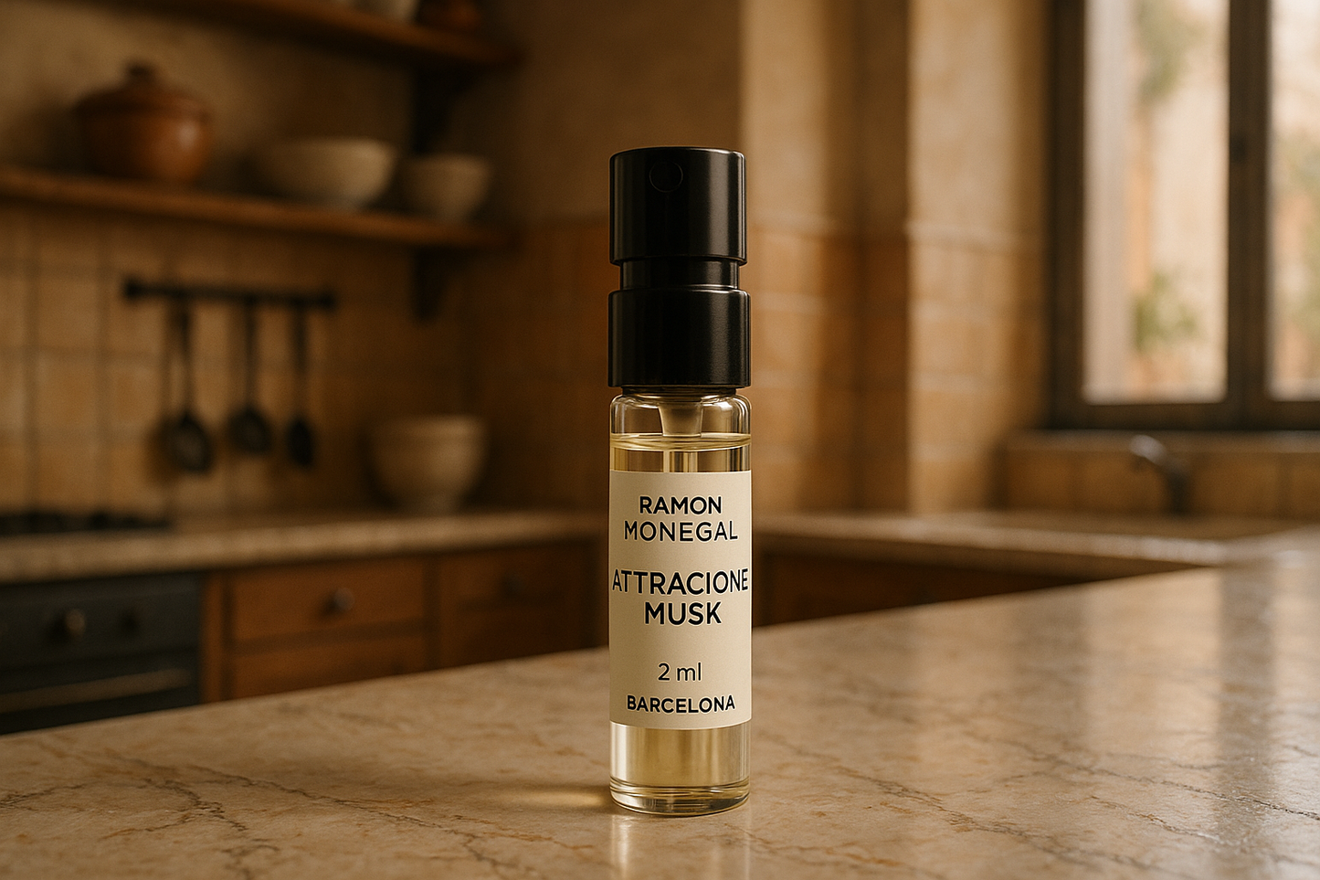 Échantillon officiel de parfum Ramon Monegal Atractone Musk 2 ml 0,06 fl.oz. testeur de parfum, style italien tout en ombrageant la cuisine