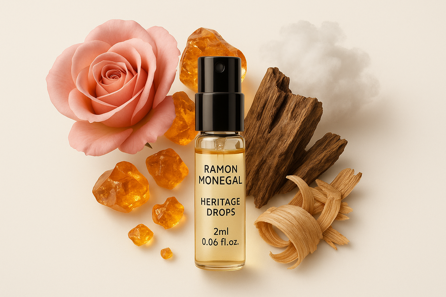 Ramon Monegal Heritage Drops officieel parfumstaaltje 2 ml 0,06 fl oz perfume tester staaltje bottle surrounded by Heritage Drops fragrance notes